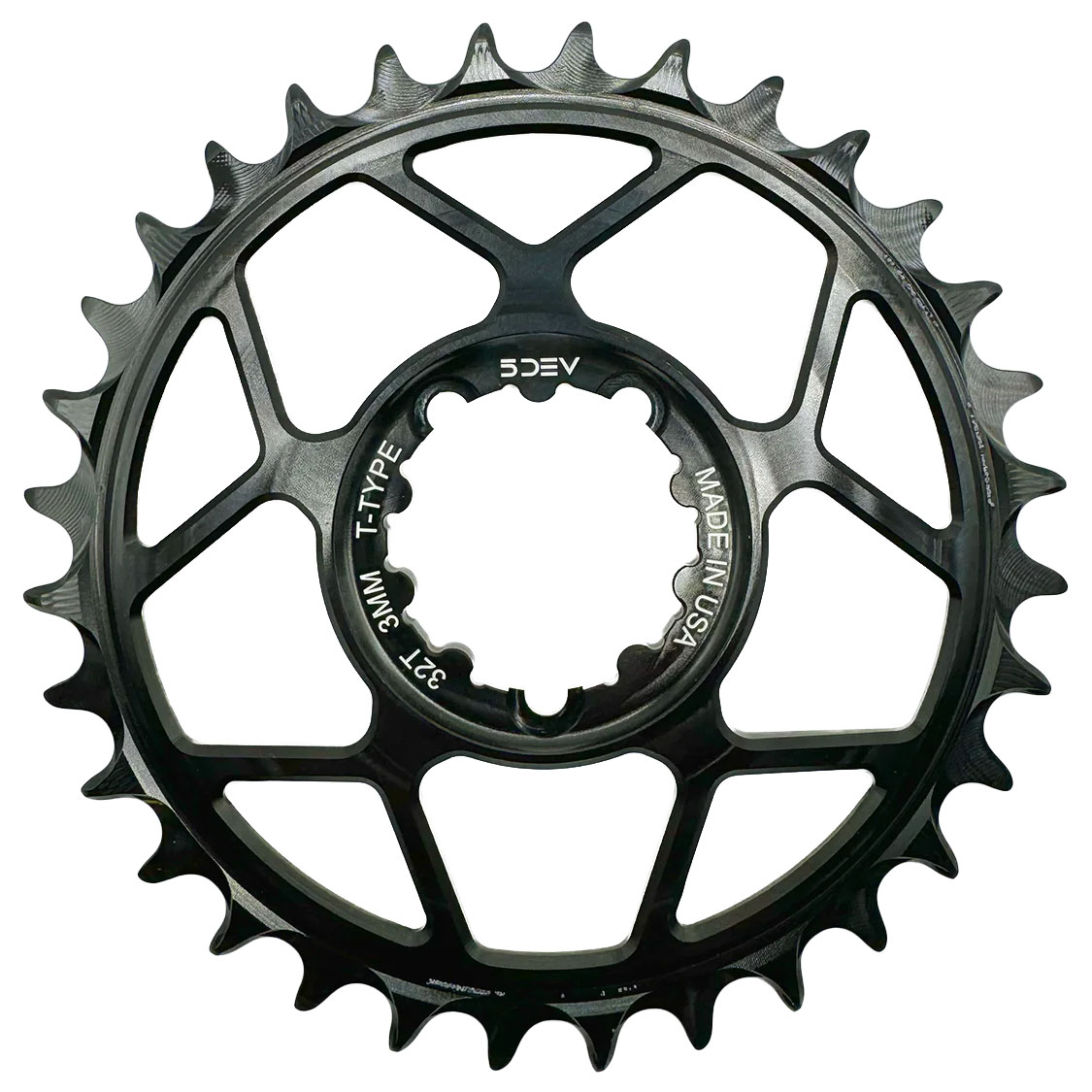5Dev T-Type 3-Bolt Chainring, 3mm Offset, 30T, Black