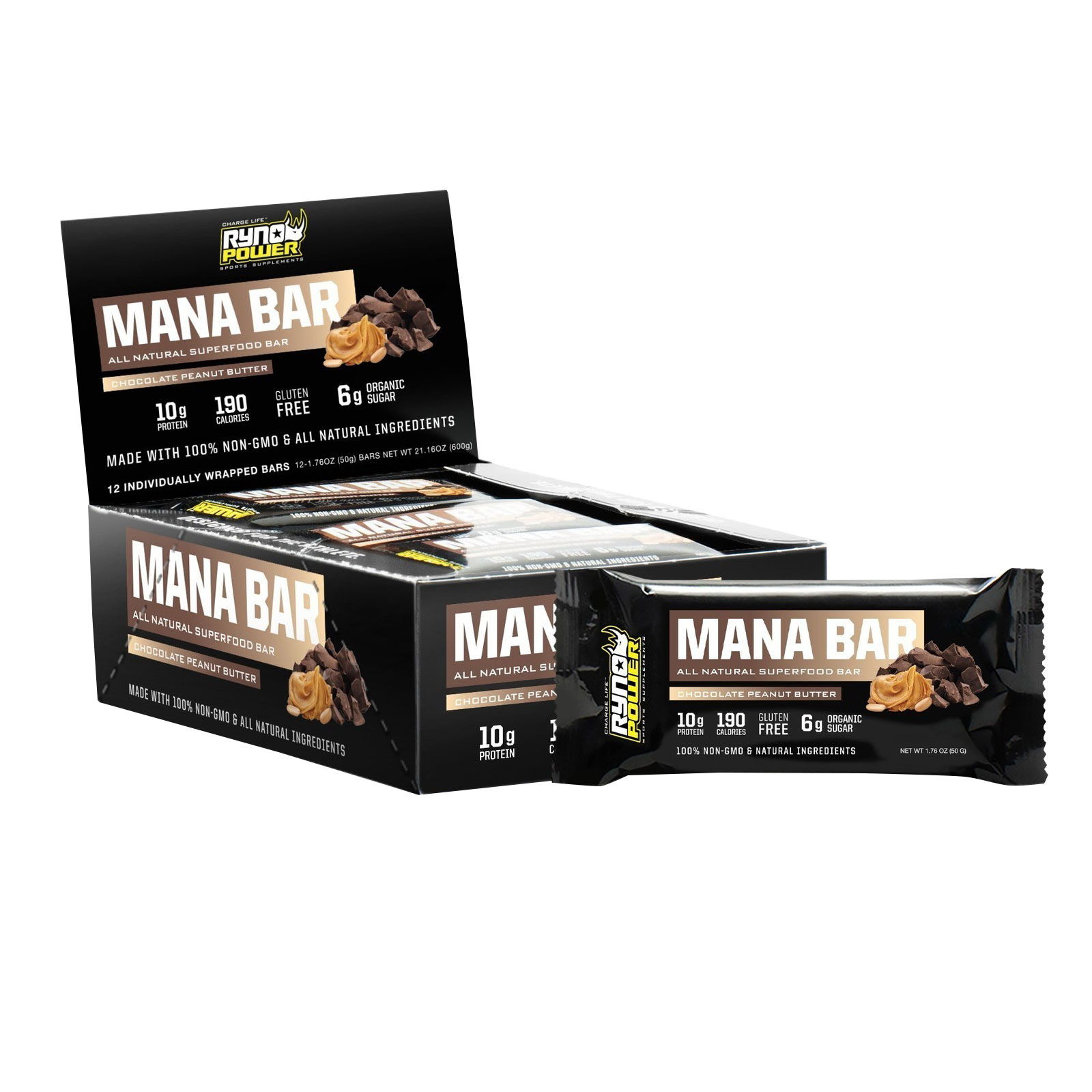 Ryno Power Mana Bar Superfood Protein Bar, 12/Box - Choc/Peanut