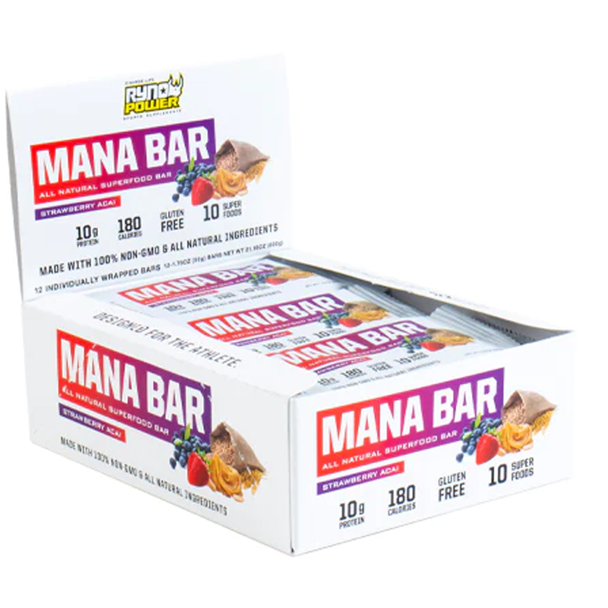 Ryno Power Mana Bar Superfood Protein Bar, 12/Box - Strawb/Acai