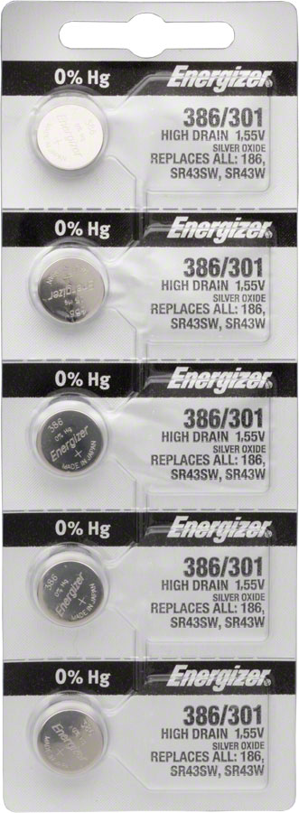 Energizer 386 / 301 Silver Oxide High-Drain Battery 1.55v: Card of 5