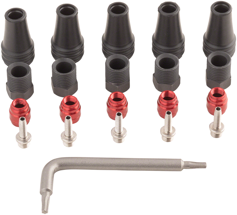 SRAM Red/Force AXS 2-Pc Disc Brake Hose Fitting Kit - 5 Threaded Hose Barbs, 5 Compression Nuts, 5 Boots, Red Comp Olives, 1 T8 Torx 