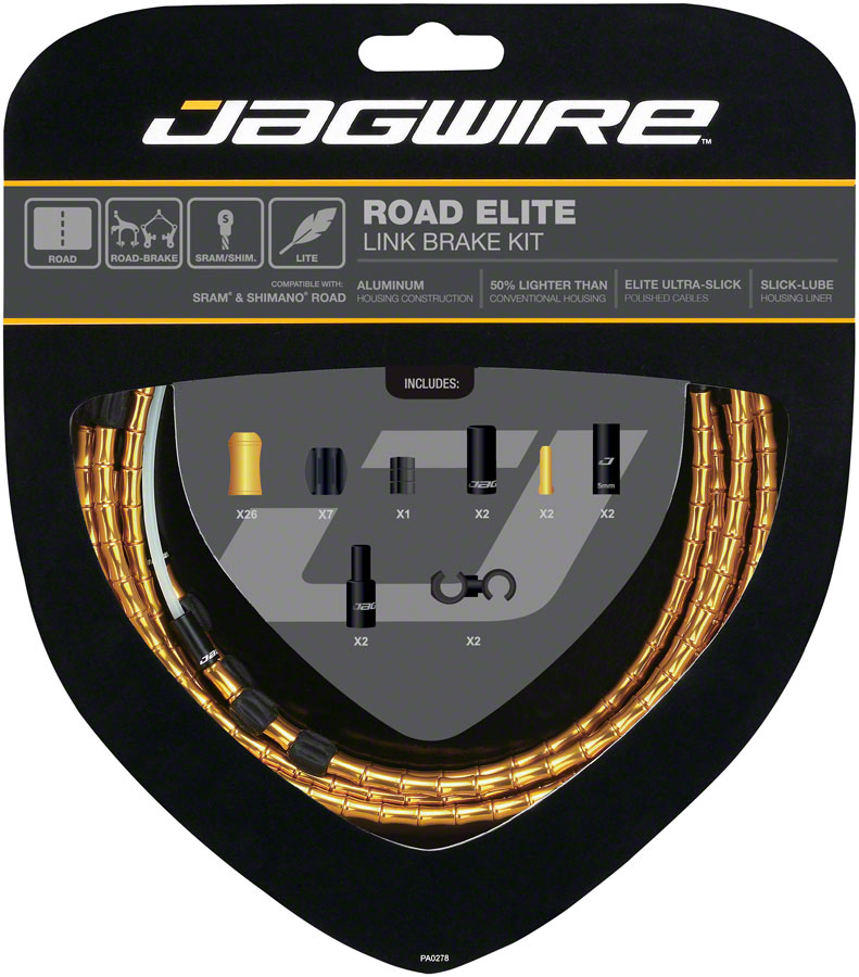 Jagwire Road Elite Link Brake Cable Kit SRAM/Shimano with Ultra-Slick Uncoated Cables, Gold 