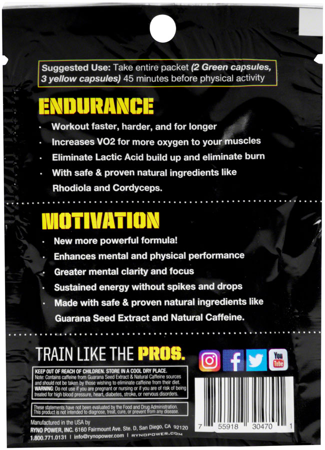 Ryno Power PreRace Supplement Pack Includes 2 Motivation Capsules and 3 Endurance Capsules
