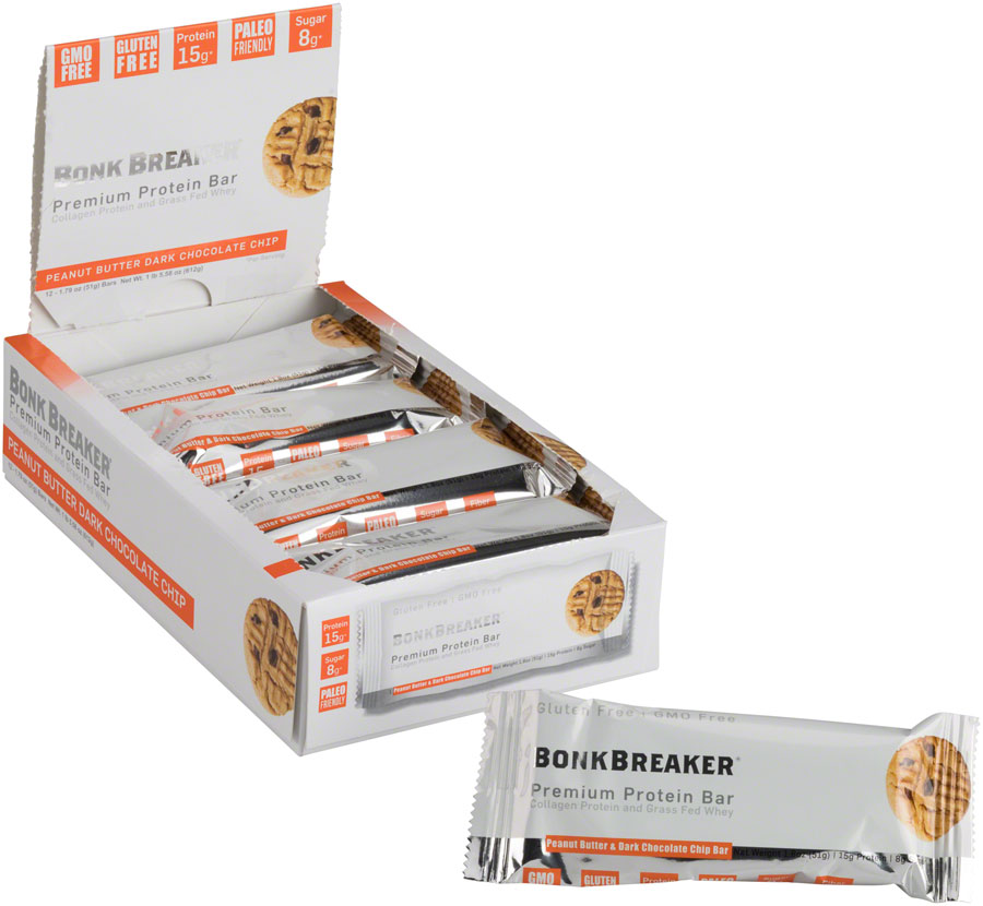 Bonk Breaker Collagen Protein Bars - Peanut Butter and Dark Chocolate Chip, Box of 12