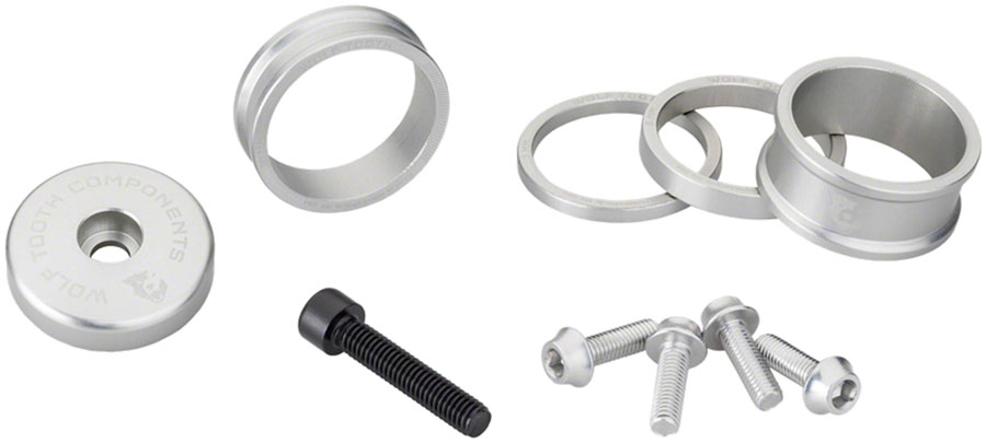 Wolf Tooth Headset BlingKit - 3, 5,10, 15mm Spacers, Top cap with Integrated 5mm Spacer, Raw Silver 