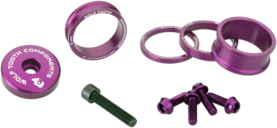 Wolf Tooth Headset BlingKit - 3, 5, 10, 15mm Spacers, Top cap with Integrated 5mm Spacer, Ultraviolet Purple