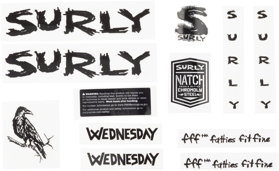 Surly Wednesday Frame Decal Set - Black, with Crow 