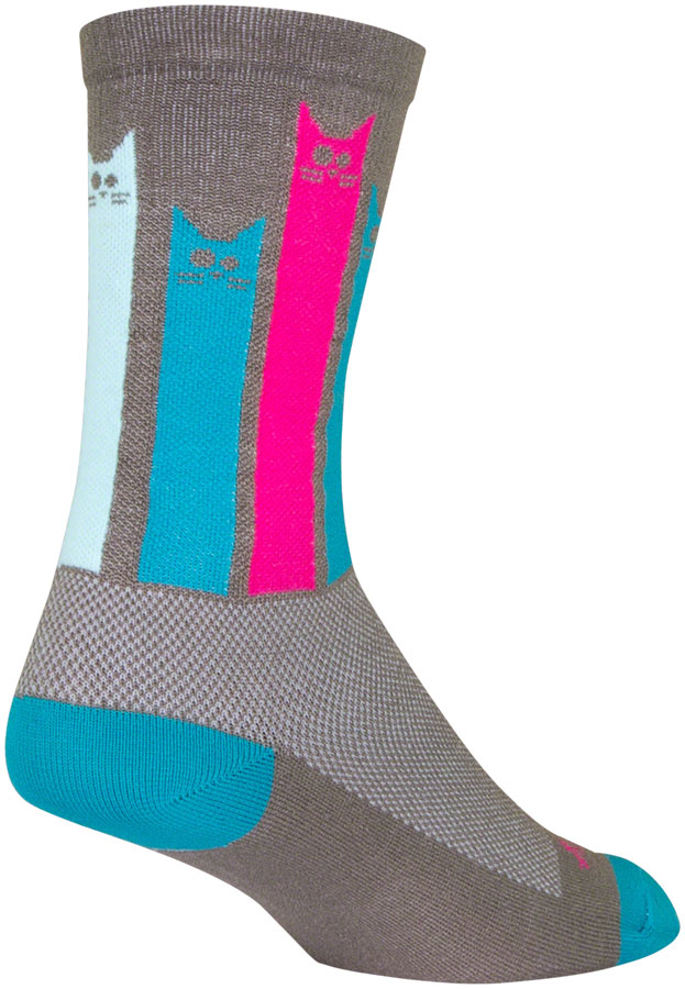 SockGuy Crew Felines Socks - 6", Gray/Pink/Teal, Large/X-Large